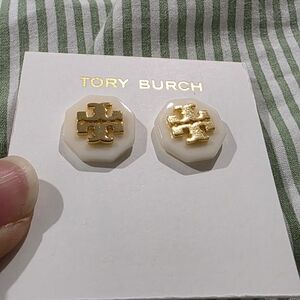 Tory Burch Gold Logo on Cream Hexagon Earrings